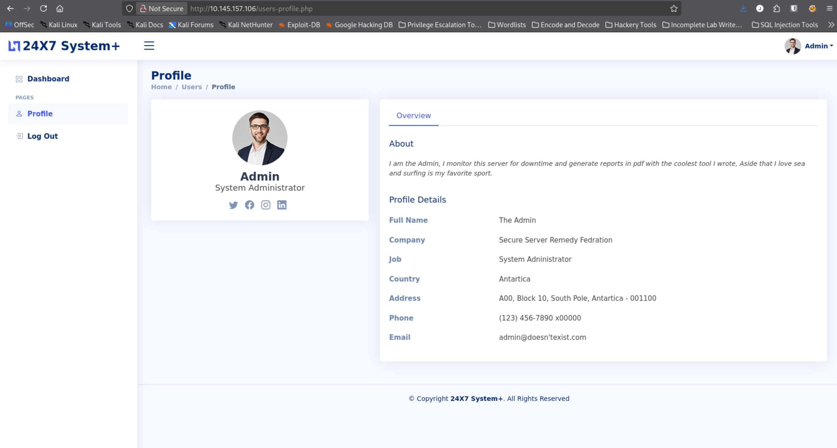 SysAdmin profile showing Antarctica location